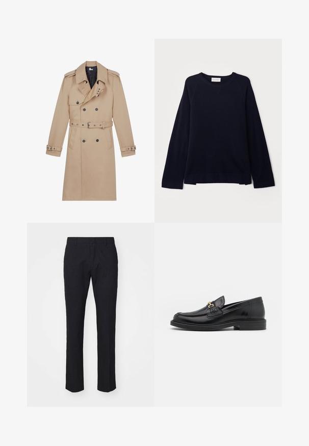 Beige trenchcoat lavet af glat stof, med dobbeltradet front, brede klapper, bæltestrop i taljen og knapmanchetter.; OFFICINE GENERALE NATE CNECK - Striktrøje - black; Marinebukser i skræddersyet snit, lavet af glat stof. Har flad front, bæltestropper og lige ben med en ren kant.; Sorte læder loafers med en rund tå, der har guld hardware accent og syningsdetaljer, placeret på en lav, tekstureret gummisål.