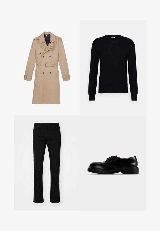 Manteau beige en tissu lisse, avec un devant double boutonnage, de larges revers, une taille ceinturée et des poignets boutonnés.; Pull noir à manches longues en tricot doux. Encolure ronde, poignets et ourlet côtelés. Design minimaliste sans motifs ni boutons visibles.; Jean en denim noir avec une coupe droite, style à cinq poches et fermeture à bouton. Texture lisse avec des détails de couture subtils.; Chaussure de ville noire en cuir poli à lacets, avec une semelle épaisse, un bout arrondi et un petit talon, montrée de profil sur un fond uni.