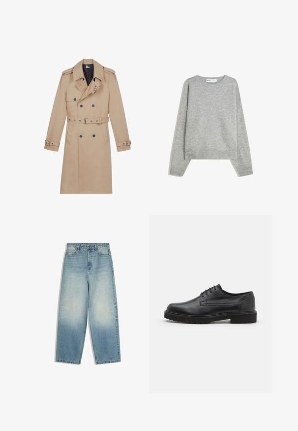 Beige trenchcoat lavet af glat stof, med dobbeltradet front, brede klapper, bæltestrop i taljen og knapmanchetter.; Grå strikket sweater med rund halsudskæring, ribbede manchetter og kant, med en afslappet pasform og blød tekstur.; Lyseblå vide denimjeans med forlommer, knaplukning og falmet vaskepatina på lår og knæ.; Sorte lædersko med rund tå, glat finish og minimal syning. Har snørebåndslukning og en kraftig, struktureret gummisål.