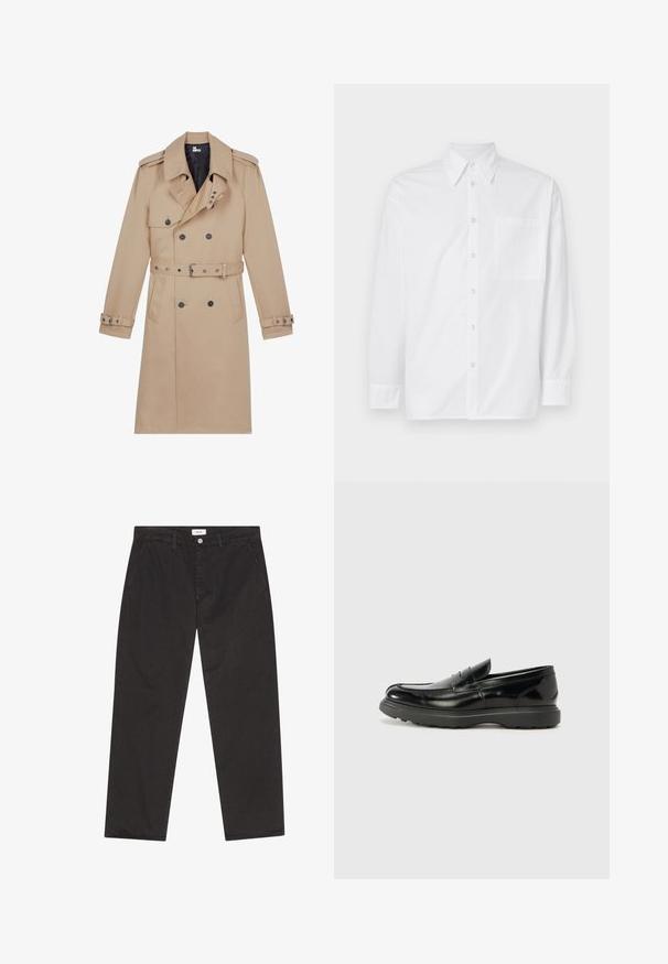 Manteau beige en tissu lisse, avec un devant double boutonnage, de larges revers, une taille ceinturée et des poignets boutonnés.; Chemise blanche à manches longues en coton. Elle possède un col classique, une fermeture à boutons sur le devant et une poche poitrine simple du côté gauche.; Pantalons droits noirs en mélange de coton, avec une taille à passants de ceinture, des poches avant et une fermeture éclair avec un bouton métallique.; Mocassin en cuir noir avec une finition brillante, bout arrondi, détails de couture subtils et semelle en caoutchouc épaisse pour la durabilité.