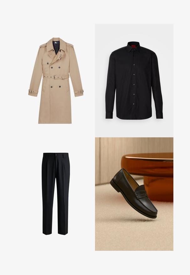Beige trenchcoat lavet af glat stof, med dobbeltradet front, brede klapper, bæltestrop i taljen og knapmanchetter.; Sort langermet skjorte lavet af glat stof, med en klassisk krave, knaplukning foran og skræddersyet pasform.; Sorte bukser lavet af glat stof, med lige ben-design, plisseringer foran og knaplukning med bæltestropper.; Sort læder loafer-sko hængende over beige tæppe med ravfarvet moderne møblement i baggrunden.