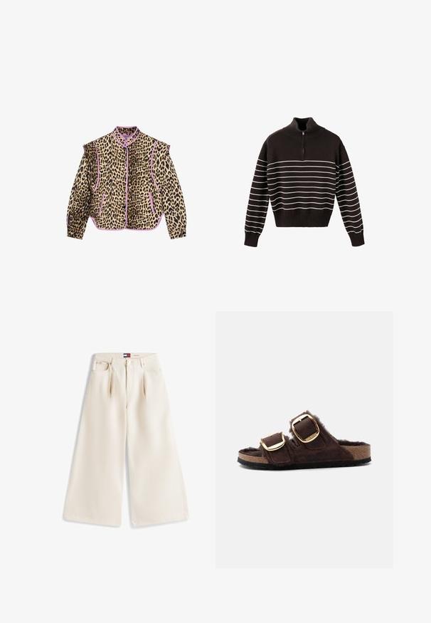 Jas met luipaardprint en paarse accenten, met lange mouwen, een kraag en een knoopsluiting. Ook zijn er twee voorzakken zichtbaar.; Donkerbruine gebreide trui met witte horizontale strepen, geribde hoge hals met rits, lange mouwen en geribde boorden en zoom.; Crèmekleurige jeans met wijde pijpen en een taille op middelhoog niveau, voorzien van voorzakken, knoop- en ritssluiting en riemlussen, plat gelegd op een witte achtergrond.; Bruine open-teensandaal met twee verstelbare gouden gespen en een zachte, harige voering op een kurken zool.