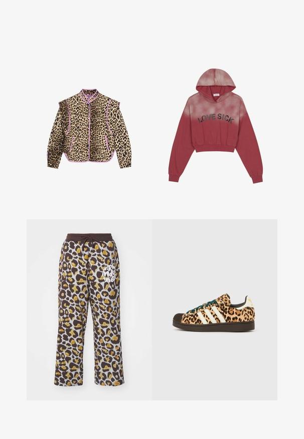 Kabát s leopardím vzorom a fialovými detailmi, s dlhými rukávmi, golierom a zapínaním na gombíky. Viditeľné sú aj dve predné vrecká.; Even&Odd by Zalando Mikina - brown; Teplákové nohavice s leopardím vzorom v hnedej a žltej farbe, s opaskom na stiahnutie a bielym textom "alpha industries" na ľavej nohe.; Nízka teniska s leopardím vzorom, bielymi pruhmi Adidas, tmavohnedou podrážkou, čiernou špičkou a tmavozelenými šnúrkami na bielom pozadí.
