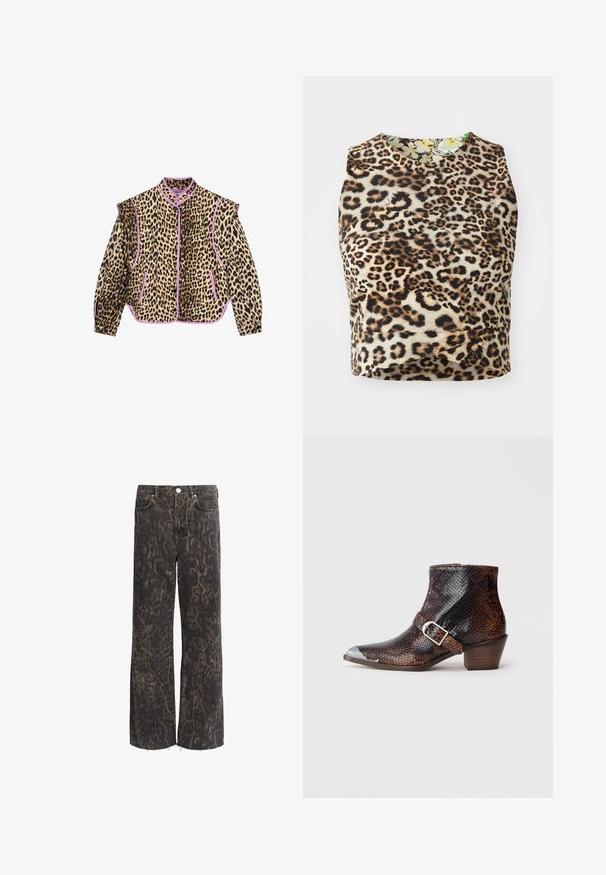 Leopardmønstret jakke med lilla kant, der har lange ærmer, krave og knaplukning. To forlommer er også synlige.; Stribet leopardprint ærmeløs top lavet af blødt stof, med en rund halsudskæring og blomstermønstret foring.; Sort brede jeans med leopardmønster, lavet af denim, med en rå kant og sølvfarvet knapudstyr. To forlommer.; Sorte og brune ankelstøvler med slangemønster, med en sølvfarvet tåhætte, spændeaccents og en lav træhælt. Glat tekstur, tætsiddende design.