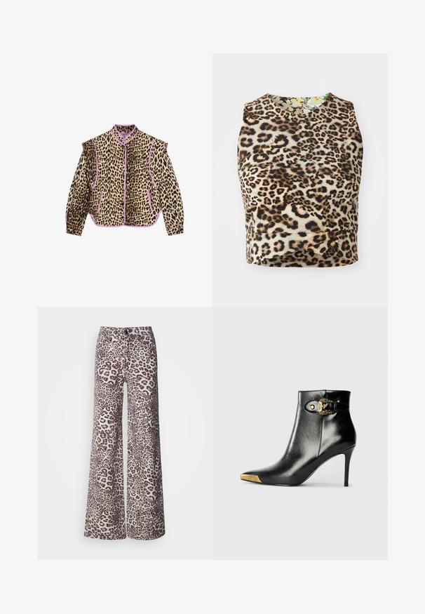 Leopardmønstret jakke med lilla kant, der har lange ærmer, krave og knaplukning. To forlommer er også synlige.; Stribet leopardprint ærmeløs top lavet af blødt stof, med en rund halsudskæring og blomstermønstret foring.; Bukser med vide ben i leopardprint; lavet af blødt stof med nuancer i brun og beige; har lukning med knap og bæltestropper.; Sort ankelstøvle lavet af skinnende læder med spids tå, stilet hæl og guldfarvet hardware med en dekorativ spænde-detalje.