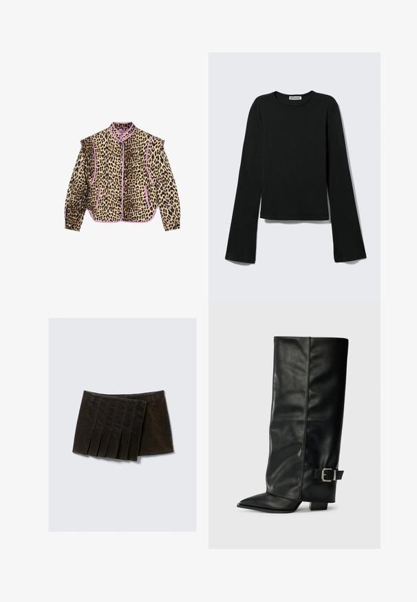 Jas met luipaardprint en paarse accenten, met lange mouwen, een kraag en een knoopsluiting. Ook zijn er twee voorzakken zichtbaar.; Zwart shirt met lange mouwen en ronde hals, met een aansluitende pasvorm en licht uitlopende mouwen, voorzien van een "Weekday" merklabel bij de halslijn.; Zwarte spijkerrok met een geplooid ontwerp, vijf verticale plooien, een tailleband en een gladde textuur. Geen extra bevestigingsmateriaal zichtbaar.; Zwarte leren enkellange laarzen met een spitse neus, een gladde textuur en een zilveren gesps Accent aan de zijkant. Stevige vierkante hak.