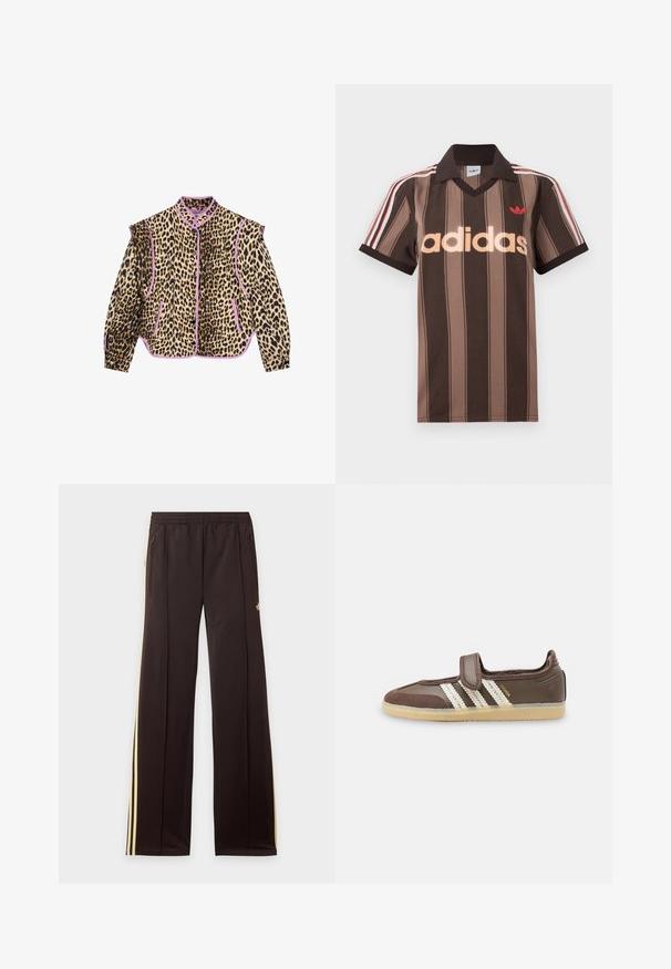 Leopardmønstret jakke med lilla kant, der har lange ærmer, krave og knaplukning. To forlommer er også synlige.; Brunstribet Adidas polo-shirt med V-hals, bordeaux krave og rødt logo. Har hvide og røde skulderstriber samt korte ærmer.; Sorte træningsbukser med gule sidelister, elastisk taljebånd, lynlåslommer i siderne og en lille logo på den øvre lår.; Brun sneaker med beige gummisål, tre hvide striber på siden og en enkelt velcrolukning over vristen.