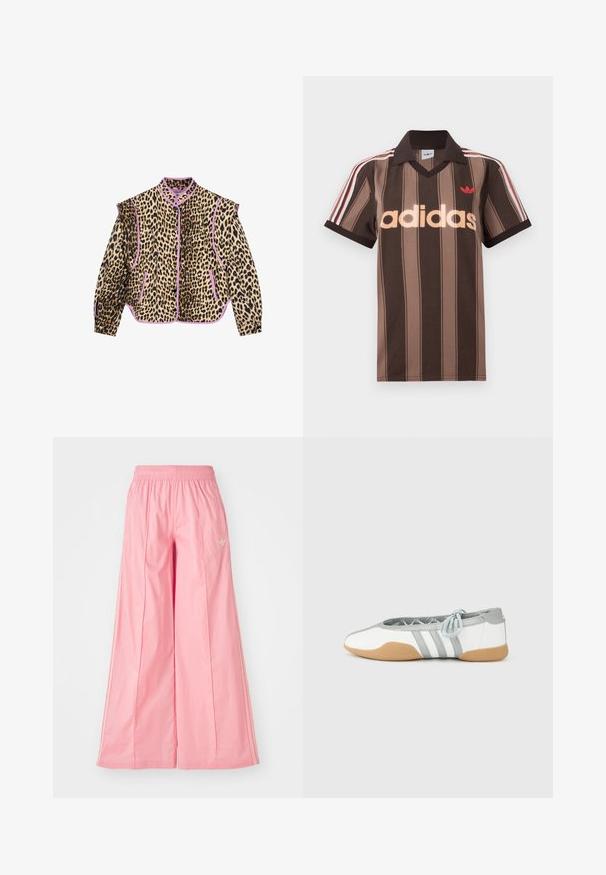 Jas met luipaardprint en paarse accenten, met lange mouwen, een kraag en een knoopsluiting. Ook zijn er twee voorzakken zichtbaar.; Bruine gestreepte Adidas polo met V-hals, bordeauxrode kraag en rood logo. Heeft witte en rode schouderstrepen, korte mouwen.; Roze wijde broeken gemaakt van lichtgewicht stof, met een elastische tailleband en subtiele witte streepjes aan de zijkanten. Klein logo aan de voorkant.; Witte en grijze ballerina's met een ronde neus en elastische veters, met drie grijze strepen en een beige rubberen zool.