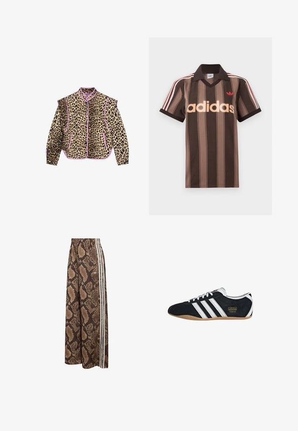 Leopardmønstret jakke med lilla kant, der har lange ærmer, krave og knaplukning. To forlommer er også synlige.; Brunstribet Adidas polo-shirt med V-hals, bordeaux krave og rødt logo. Har hvide og røde skulderstriber samt korte ærmer.; Bukser med vide ben med brunt og lyst slangeprint, med tre hvide sidestriber og elastik i taljen.; Sort ruskinds sneaker med hvide tre striber, guldlogo og en brun gummisål. Har et lavprofil snørebåndsdesign.