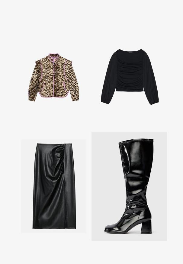Jas met luipaardprint en paarse accenten, met lange mouwen, een kraag en een knoopsluiting. Ook zijn er twee voorzakken zichtbaar.; Zwarte longsleeve top met geplooid stofdetail aan de voorkant en bij de polsen, gemaakt van zachte, rekbare stof met een barco neckline.; Zwarte leren rok met een soepele textuur, voorzien van een geplooid gedeelte aan één kant en een zijspleet voor extra detail.; Glanzende zwarte laars tot de knie met blokhak en ronde teen, gladde glanzende afwerking, lichte textuurdetails op de hak en bovenkant.