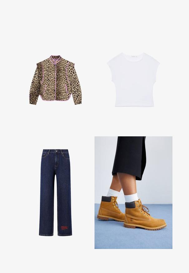 Leopardmønstret jakke med lilla kant, der har lange ærmer, krave og knaplukning. To forlommer er også synlige.; Hvid kortærmet cropped T-shirt med rund halsudskæring, lavet af glat stof, lagt fladt på en hvid baggrund.; Mørkeblå denimjeans med lige ben, forlommer, knap- og lynlåslukning samt lille rød broderet Don Ed Hardy-logo nær den nederste kant.; Tan ruskindsankelstøvler med brune læderdetaljer, guldøjer og en struktureret sål. Hvide sokker synlige over støvlerne.