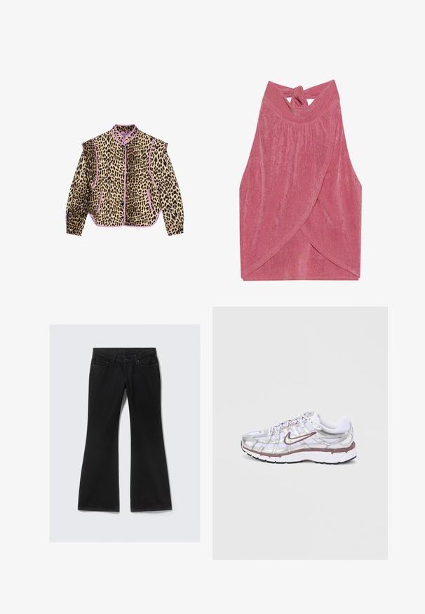 Jas met luipaardprint en paarse accenten, met lange mouwen, een kraag en een knoopsluiting. Ook zijn er twee voorzakken zichtbaar.; Roze haltertop van gestructureerde stof, met een geknoopt achterontwerp en een overlappende voorkant met een licht glanzende afwerking.; Zwarte denim jeans met een middelhoog taille, vijf zakken en flared pijpen, plat neergelegd op een lichte achtergrond.; Nike hardloopschoenen met een witte mesh bovenkant, zilveren overlays en mauve accenten. Voorzien van een gedempte zool en een vetersluiting aan de voorkant.