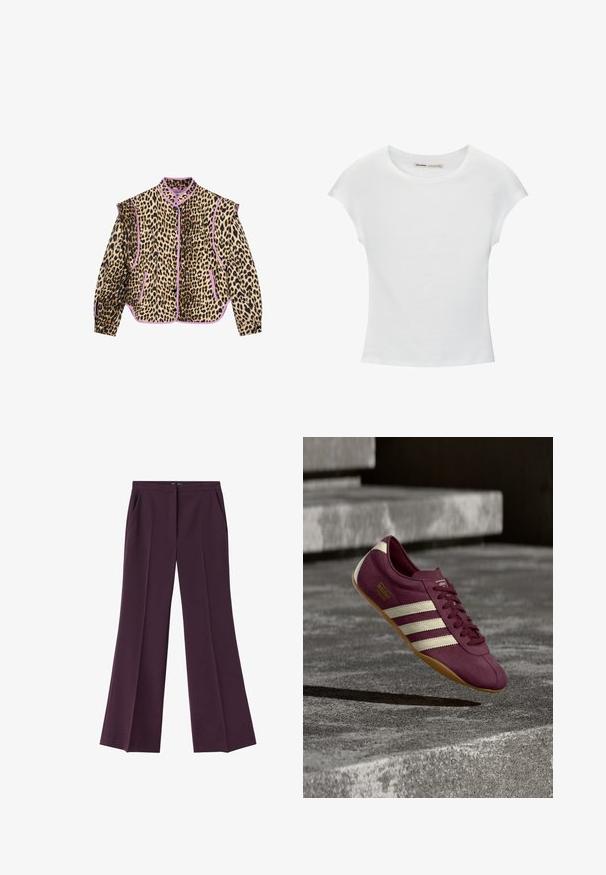 Leopardmønstret jakke med lilla kant, der har lange ærmer, krave og knaplukning. To forlommer er også synlige.; Hvid bomuld t-shirt med korte, opsmøgede ærmer, rund halsudskæring og lige kant. Glat tekstur uden synlige mønstre eller detaljer.; Mørkelilla bukser med vide ben, forlommer og skjult frontlukning, vist på hvid baggrund.; Lilla Adidas Tokyo sneaker med hvide striber og gummisål ser ud til at svæve over betonstrappen i blødt lys.
