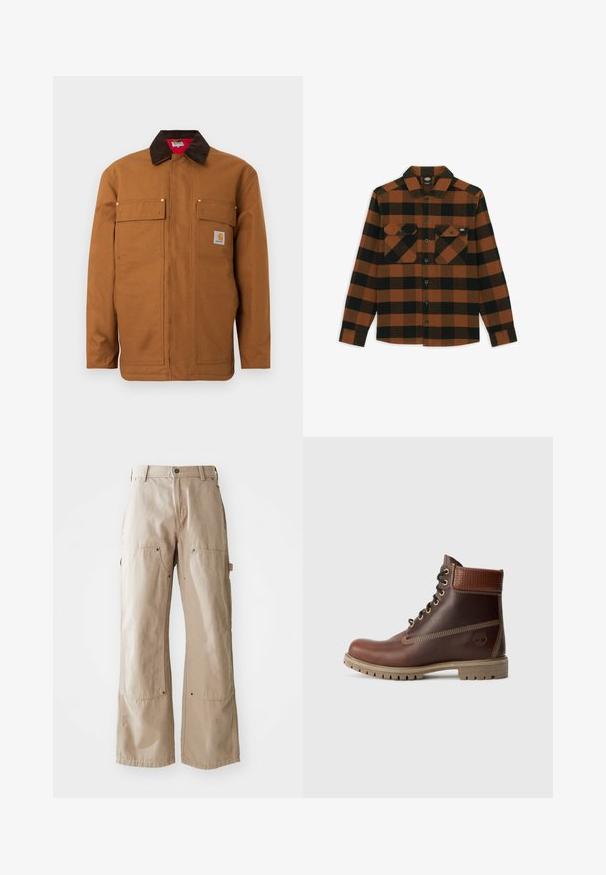 Brun arbejdsjakke med mørkebrun kordfløjls-krave, to brystlommer med klap og en lille Carhartt-logo-patch på den højre lomme.; Langærmet skjorte i orange og sort ternet mønster, lavet af et tekstureret stof. Har to brystlommer og knaplukning foran.; Beige vide bukser lavet af slidstærkt bomuldsstof. Har for- og sidelommer, synlig syning og metaldetaljer ved lommerne.; Brun læder snørebånd ankelstøvle med polstret krave, kontrastsyning og robust sål, vist fra ydersiden på en hvid baggrund.
