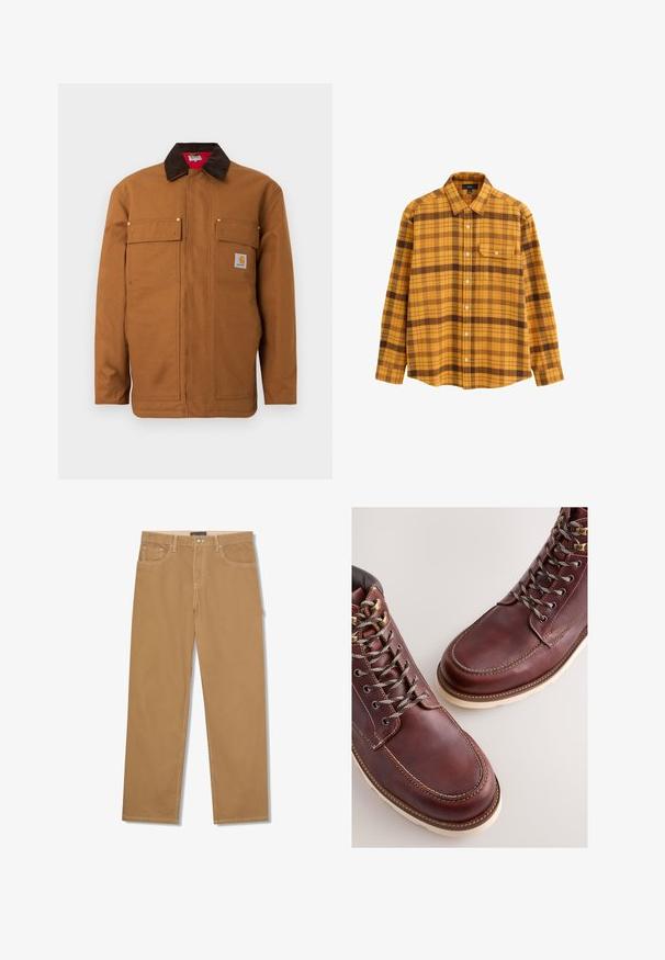 Brun arbejdsjakke med mørkebrun kordfløjls-krave, to brystlommer med klap og en lille Carhartt-logo-patch på den højre lomme.; Langærmet skjorte med knapper i sennepsgul og brunternet med spids krave og brystlomme på hvid baggrund.; Lysebrune bukser med lige ben, forrest knap og lynlås, forlommer og møntlomme samt synlige hvide sting.; Brune læderstøvler med en glat finish, med metal-øjer, grå snørebånd og en cremefarvet gummisål. Syning langs kanterne som detalje.