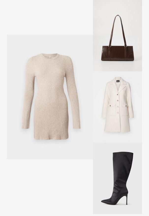 Manteau en mélange de laine blanc avec un col défini, design à double boutonnage, boutons dorés et deux poches avant. Texture douce et coupe mi-longue.; Robe pull longue en tricot côtelé beige à manches longues, avec une taille cintrée et un col rond sur fond blanc.; Botte noire haute jusqu'aux genoux en cuir verni lisse et élégant ; bout pointu ; ajustée avec un léger froncé près de la cheville ; talon brillant.; Sac à main en cuir verni marron de forme rectangulaire, avec deux longues poignées et des accents courbés subtils à l'avant.