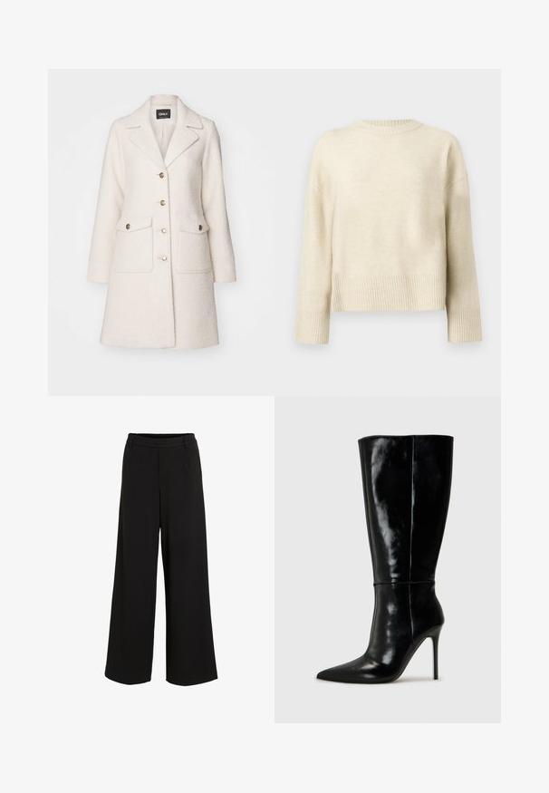 Manteau en mélange de laine blanc avec un col défini, design à double boutonnage, boutons dorés et deux poches avant. Texture douce et coupe mi-longue.; Pull en tricot couleur crème avec des manches longues, des poignets et un ourlet côtelés, et un col rond, exposé sur un fond uni.; Pantalons noirs à jambe large fabriqués dans un tissu lisse. Ils présentent une taille ajustée avec un détail de pli subtil et un design épuré, sans ornements.; Bottes noires en cuir, hautes jusqu'au genou, avec un bout pointu et un talon aiguille haut. Texture lisse et design épuré, avec un minimum de détails.