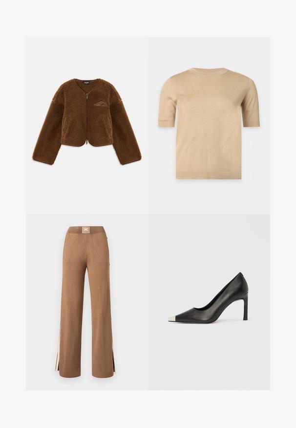 Veste en polaire marron avec un col rond, fermeture éclair à l'avant et poches avant. Dispose d'une surface texturée et d'un petit logo sur la poitrine.; Pull en tricot beige à manches courtes avec un col rond et un ourlet droit, présenté sur un fond clair uni.; Pantalon large marron à texture lisse, doté d'une taille haute et de fentes latérales, agrémenté de petits boutons dorés.; Chaussure à talon haut en cuir noir avec bout pointu et capuchon argenté métallique. Présente une finition lisse et un talon fin de 10 cm.