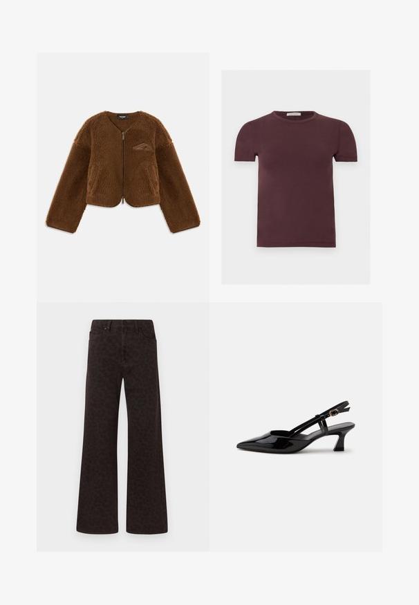 Veste en polaire marron avec un col rond, fermeture éclair à l'avant et poches avant. Dispose d'une surface texturée et d'un petit logo sur la poitrine.; T-shirt à manches courtes col rond en bordeaux foncé, en tissu doux, avec une petite étiquette de marque à l'intérieur du col.; Jean à jambes larges en denim marron foncé avec un motif léopard subtil, design à cinq poches et fermeture par bouton à la taille.; Chaussure slingback en cuir verni noir à petit talon, bout pointu et bride réglable avec boucle dorée sur fond blanc.