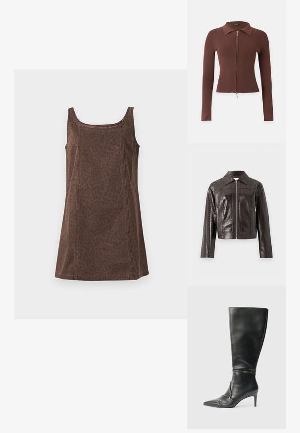 Veste en cuir synthétique noir brun foncé effet crocodile avec fermeture éclair sur le devant, col, manches longues et poches latérales zippées.; Cardigan marron en tricot côtelé à manches longues avec col et fermeture éclair avant, présenté sur fond uni.; Top sans manches marron avec un motif léopard, fabriqué dans un tissu doux au toucher lisse et comportant des détails de couture subtils.; Bottes noires en cuir montant jusqu'au genou, avec un talon fin, un bout pointu et des détails de lanière à la cheville. Texture lisse et design ajusté.