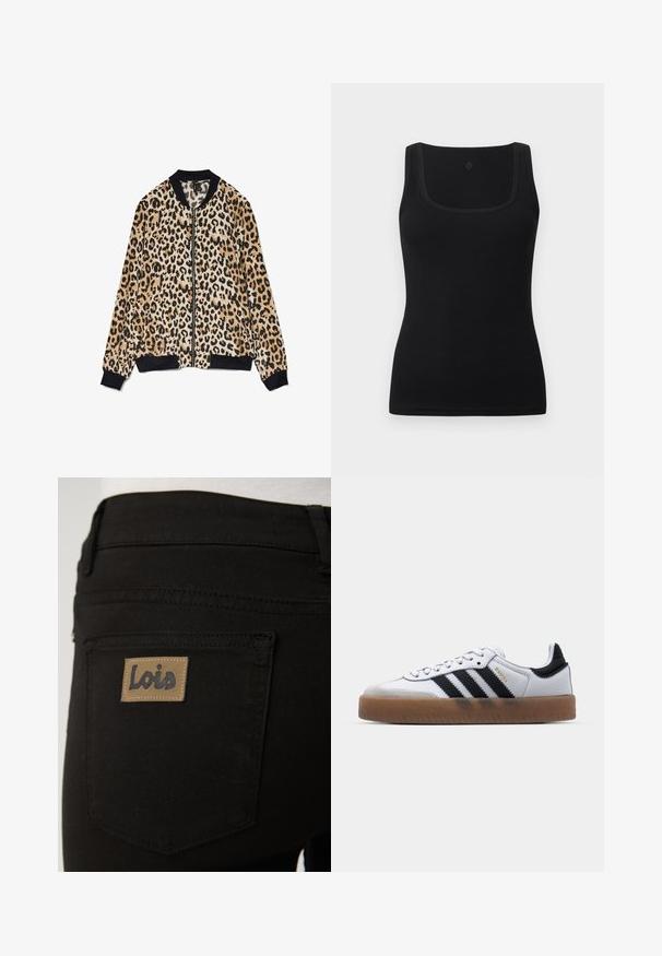 Veste bomber imprimée léopard en tissu doux, avec un col et des poignets côtelés noirs, fermée par un zip à l'avant et des textures contrastantes.; Débardeur noir moulant en tissu lisse, doté d'un décolleté carré et de larges bretelles ; sans motifs ni accents visibles.; Jean en denim noir avec une poche arrière simple ornée d'une étiquette rectangulaire marron clair embossée du nom "Lois". Texture lisse et design classique.; Baskets en cuir blanc avec des rayures noires, semelle extérieure en caoutchouc beige, bout rond, fermeture lacée et embout en suède gris doux.