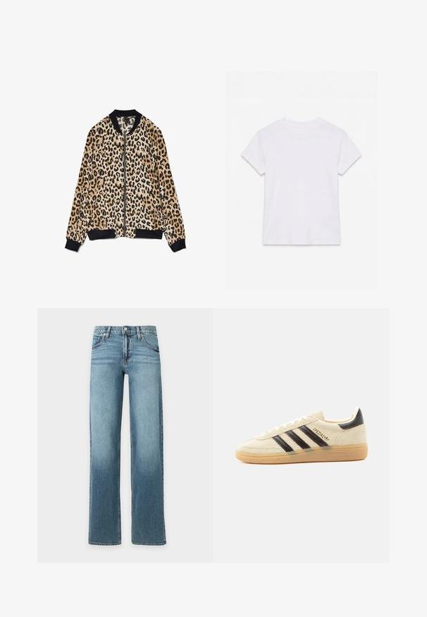 Veste bomber imprimée léopard en tissu doux, avec un col et des poignets côtelés noirs, fermée par un zip à l'avant et des textures contrastantes.; T-shirt en coton blanc uni à manches courtes et col rond, étalé à plat sur un fond blanc.; Jean en denim bleu clair à coupe droite, cinq poches, passants de ceinture et braguette à boutons, présenté sur fond blanc uni.; Baskets en daim crème avec des rayures noires, semelle en gomme, languette noire au talon et texte doré "SPEZIAL" sur le côté.