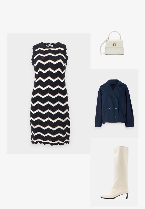 Veste bleu marine croisée avec un col cranté, dotée de manches en tricot texturé, de deux poches avant et de boutons ronds noirs.; Robe noire sans manches en tricot avec des rayures en zigzag blanches et beige, bords festonnés, et étiquette DKNY Jeans au niveau du col.; Botte blanche hauteur genou en matériau lisse avec un bout pointu et un talon noir fin. Présente un design épuré et un marquage minimal.; Petit sac à main blanc avec poignée supérieure, bandoulière amovible et fermoir rectangulaire doré sur la rabat avant.