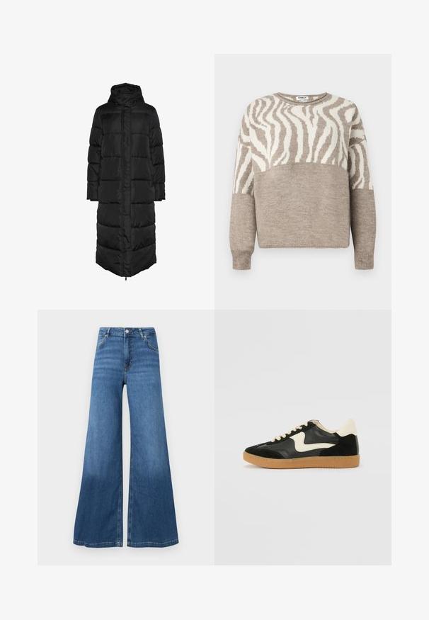 Abrigo acolchado negro, largo y con capucha, con diseño acolchado, que cuenta con una cremallera frontal y grandes paneles acolchados para aislamiento. Textura suave.; Suéter de punto beige con un patrón de cebra en crema, que presenta un cuello redondo y puños acanalados. Textura suave y corte relajado.; Vaqueros de pierna ancha azul hechos de denim, con cintura alta, bolsillos frontales y un dobladillo limpio. Sin patrones ni adornos visibles.; Zapatillas de deporte de ante y cuero negro con un swoosh lateral en crema y un talón en crema claro. Presenta cordones beige y una suela de goma marrón.