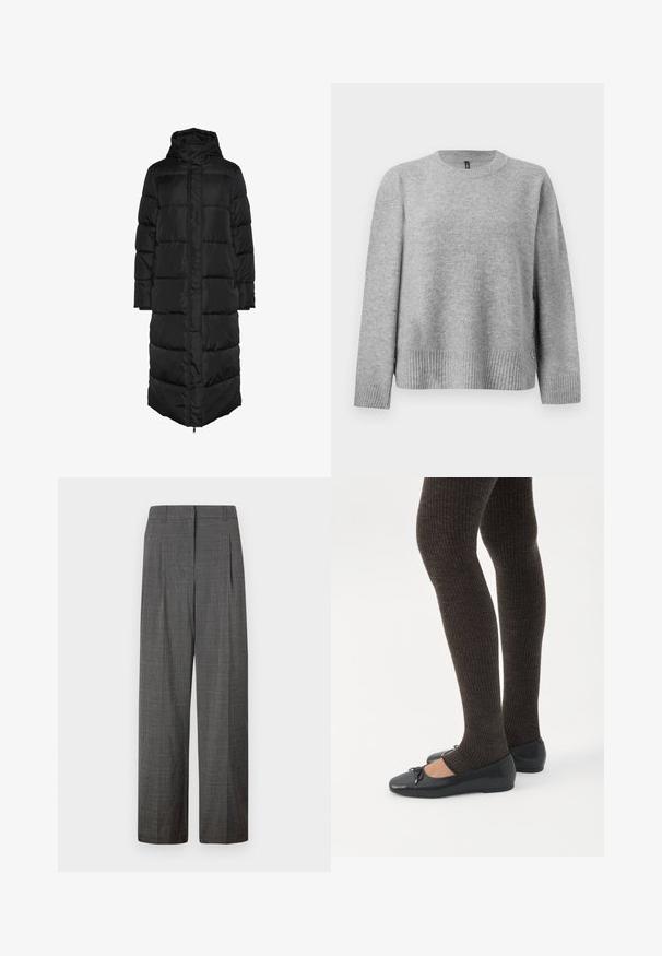 Must have musta, pikk, kapuutsiga paks puffer mantel, millel on tikandmustrit, esisees luku ja suurte, polsterdatud paneelidega soojenduseks. Sile tekstuur.; Halli kootud sviiter, millel on ümar kaelus, ribatud äär ja külgedel nupud kui detail. Pehme tekstuur ja mugav lõige.; Vero Moda VMSIKITA WIDE DAD PANT - Püksid - medium grey/black; Jalad seljas tumedad soonelises soonelises kombines mustade baleriinadega, millel on väikesed paelade detailid valgel taustal.