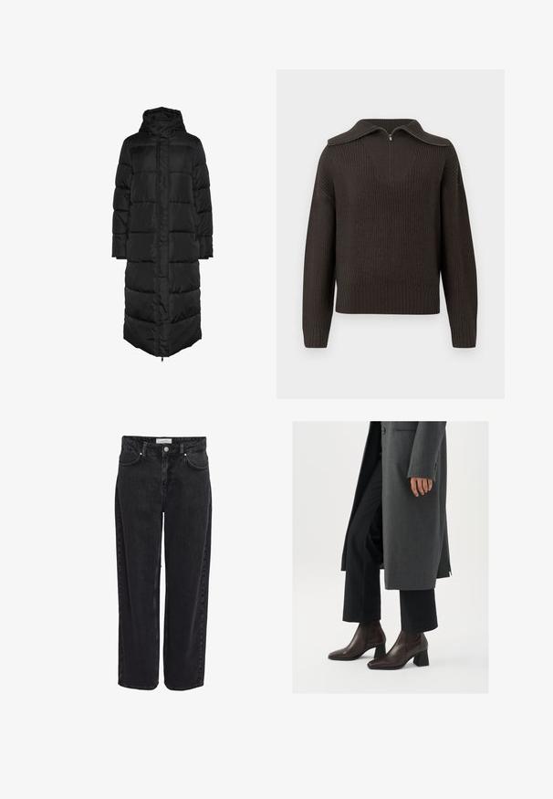 Sort, lang, hættetrøje pufferjakke med quiltet design, der har en frontlynlås og store, polstrede paneler til isolering. Glat tekstur.; Mørkebrun strikket sweater med lange ærmer, lynlås i den brede krave samt ribbede manchetter og kant.; Sort denim bukser med vide ben og høj talje, fem-lomme design og lynlåsgylp. Glat tekstur med minimale synlige syningsdetaljer.; Højhælede ankelstøvler i mørkebrunt læder med spids tå og blokhæl, parret med sorte bukser og en grå frakke.