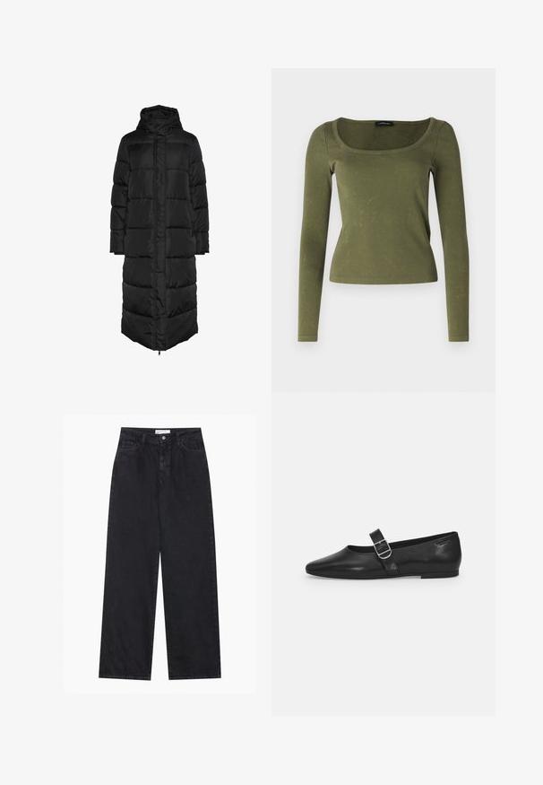 Must have musta, pikk, kapuutsiga paks puffer mantel, millel on tikandmustrit, esisees luku ja suurte, polsterdatud paneelidega soojenduseks. Sile tekstuur.; Oliivroheline pika varrukaga topp, mis on valmistatud ribakangast, ruudukujulise kaeluse ja sobiva lõikega. Erakordne tekstuur koos peente mustritega.; Mustad kõrgvööga laiad denimist teksad, millel on eesne nupp ja lukukinnis, vööaasad ning viis taskut.; Must värvi nahast tasased kingad ümarate varvastega, ühe reguleeritava paelaga ja siledat, läikivat pinda. Minimalistlik disain madala kontsaga.