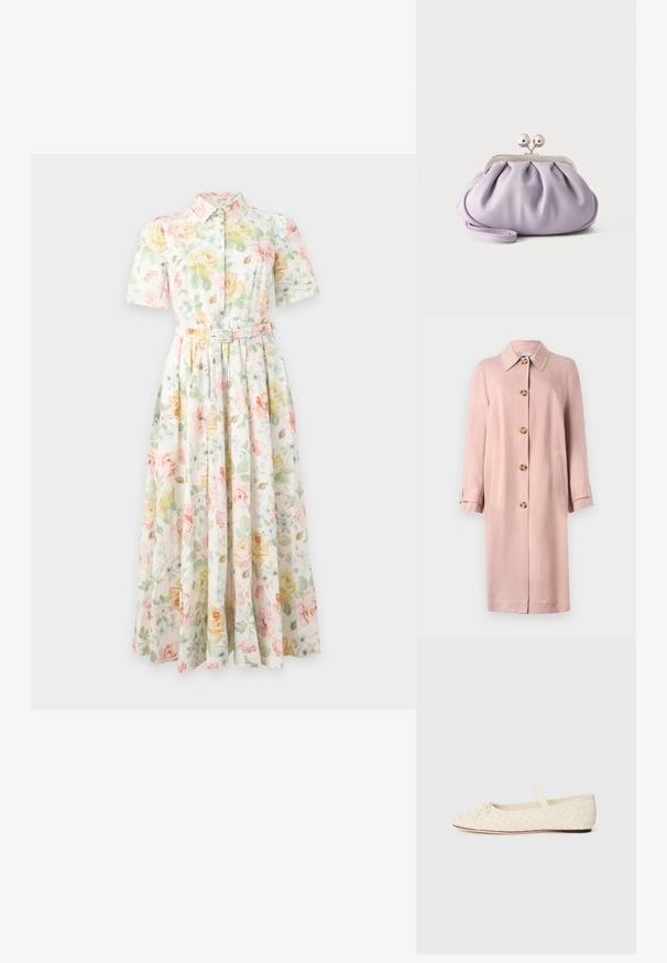 PS Paul Smith Manteau classique - pink; Robe midi à manches courtes, boutonnée, avec col et ceinture, présentant des motifs floraux jaune pastel, vert et rose sur fond blanc.; Ballerines en matériau tissé crème, à bout pointu, avec un petit nœud à l'avant et une bride sur le dessus. Semelle plate.; Pochette lavande douce avec tissu froncé, fermoir kiss-lock argenté et bracelet assorti sur un fond clair uni.