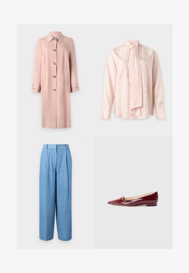 PS Paul Smith Manteau classique - pink; Blouse rose claire à manches longues avec de fines rayures verticales et un détail de foulard noué au cou, présentée sur un fond uni.; Pantalon bleu clair à taille haute et jambes larges, avec plis à l'avant et poches latérales, présenté sur un fond blanc uni.; Ballerines en cuir verni bordeaux avec un bout pointu, présentant un petit détail découpé et un petit talon. Texture lisse et design épuré.