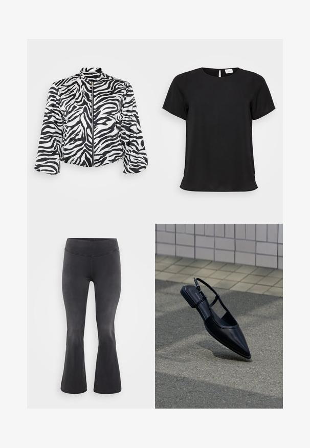 Zwart-wit cropped jack met zebra print, voorzien van een hoge kraag en een ritssluiting aan de voorkant. Gemaakt van lichtgewicht, soepel materiaal.; Zwarte top met korte mouwen en een ronde halslijn, gemaakt van een soepele stof, met een lichte draping en een smaakvolle split aan de achterkant.; ONLY Carmakoma Flared fit CARROYAL Mid waist - Flared Jeans - washed black; Zwarte platte schoen met puntige neus en slingback, zwevend boven een asfaltoppervlak naast een betegeld trottoir.