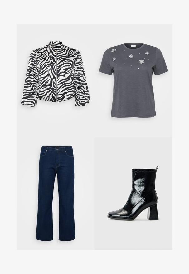Zwart-wit cropped jack met zebra print, voorzien van een hoge kraag en een ritssluiting aan de voorkant. Gemaakt van lichtgewicht, soepel materiaal.; Grijze katoenen t-shirt met korte mouwen, met metalen bloemenappliqués en pailletten die op de voorkant zijn aangebracht. Zachte structuur, comfortabele pasvorm.; Donkerblauwe denim jeans met een rechte snit, voorzien van een ritsgulp, vijf zakken en zichtbare stikseldetails.; Zwarte, gepatineerde enkellaars met een vierkante neus en een chunky geometrische hak. De laars heeft een gladde, glanzende textuur en een achterste trekband voor eenvoudig aan- en uittrekken.