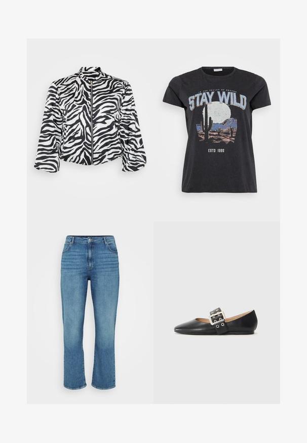 Sort og hvid cropped jakke med zebra print, der har en opretstående krave og lynlås fortil. Lavet af let, glat stof.; Sort bomulds t-shirt med et grafisk print af en ørken-scene med kaktusser, en måne og sætningen "STAY WILD" i blå skrifttype.; Lysblå denimjeans med lige ben design, der har fem lommer, bæltestropper og subtil falming foran.; Sort læder flad sko med spidst tåparti og en dekorativ spænde-rem med sølvfarvet hardware og små udskæringer.