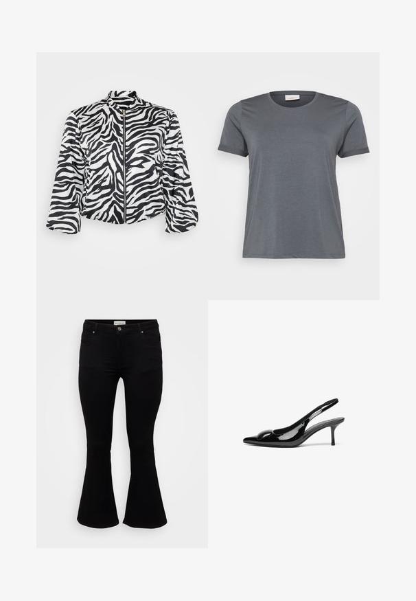 Zwart-wit cropped jack met zebra print, voorzien van een hoge kraag en een ritssluiting aan de voorkant. Gemaakt van lichtgewicht, soepel materiaal.; Grijze t-shirt met korte mouwen, gemaakt van zachte stof, met een klassieke ronde halslijn en omgeslagen mouwen. Een gladde textuur zonder zichtbare patronen.; Zwarte flare jeans van zachte denim, met een aansluitende taille, voorzakken en een flared zoom voor een ontspannen pasvorm.; Zwarte gepatineerde leren slingback hakken met een puntige neus en een glanzende afwerking. Heeft een slanke hak en een ronde accent op de bovenkant.