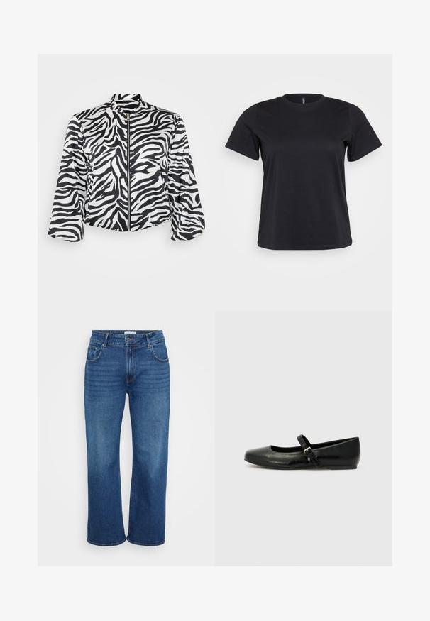 Zwart-wit cropped jack met zebra print, voorzien van een hoge kraag en een ritssluiting aan de voorkant. Gemaakt van lichtgewicht, soepel materiaal.; Zwarte katoenen t-shirt met korte mouwen, ronde hals, relaxed fit en een gladde textuur. Geen zichtbare grafische elementen of patronen.; wide-leg jeans van donkerblauwe denim. Bevat vijf zakken, ceintuurlussen en een lichte vervaging langs de benen. Glad materiaal met een standaard pasvorm.; Zwarte leren balletschoenen met een ronde neus, een platte zool en een dunne verstelbare band over de wreef met een metalen gesp.