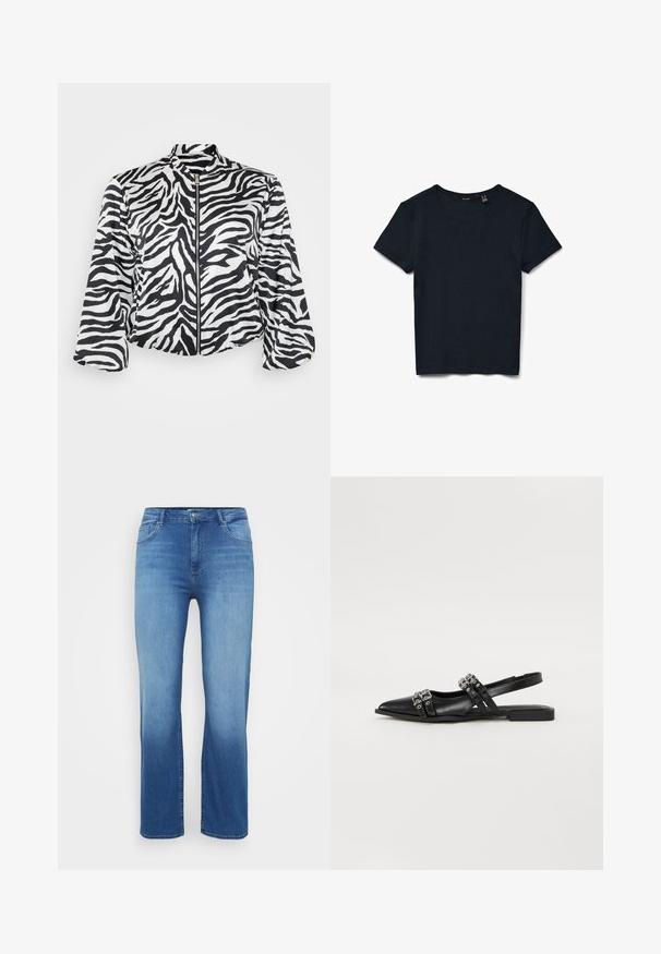 Zwart-wit cropped jack met zebra print, voorzien van een hoge kraag en een ritssluiting aan de voorkant. Gemaakt van lichtgewicht, soepel materiaal.; Zwarte geribde gebreide T-shirt met korte mouwen en ronde hals, plat neergelegd op een witte achtergrond.; Lichtblauwe denim jeans met een rechte snit, vijf zakken en een vervaagd effect aan de onderkant. Knopen sluiting bij de taille.; Even&Odd Slingback ballerina´s - black