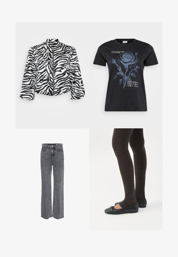 Sort og hvid cropped jakke med zebra print, der har en opretstående krave og lynlås fortil. Lavet af let, glat stof.; ONLY Carmakoma CARMIKO WASHED SS REG TEE JRS - T-shirts print - black; Grå denimjeans i høj talje og med lige ben, med frontknap, lynlåslukning og klassisk design med fem lommer.; Ben iført mørke ribbede leggings kombineret med sorte balletsko med små sløjfedetaljer på hvid baggrund.
