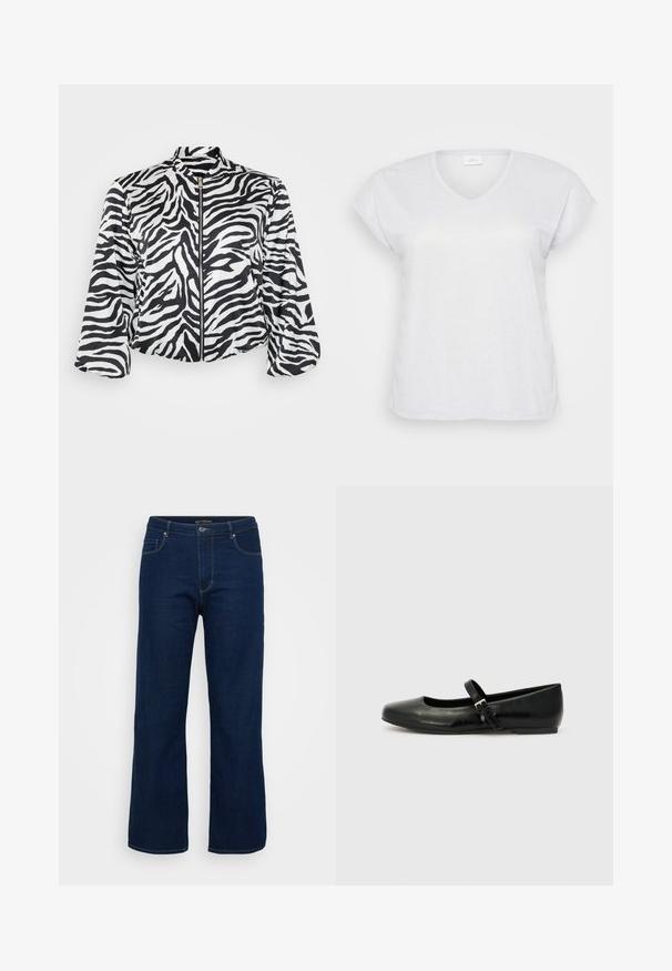 Zwart-wit cropped jack met zebra print, voorzien van een hoge kraag en een ritssluiting aan de voorkant. Gemaakt van lichtgewicht, soepel materiaal.; Witte korte mouwen V-hals T-shirt met een subtiele glanstextuur, met een ontspannen pasvorm en zonder zichtbare patronen of accenten.; Donkerblauwe denim jeans met een rechte snit, voorzien van een ritsgulp, vijf zakken en zichtbare stikseldetails.; Zwarte leren balletschoenen met een ronde neus, een platte zool en een dunne verstelbare band over de wreef met een metalen gesp.