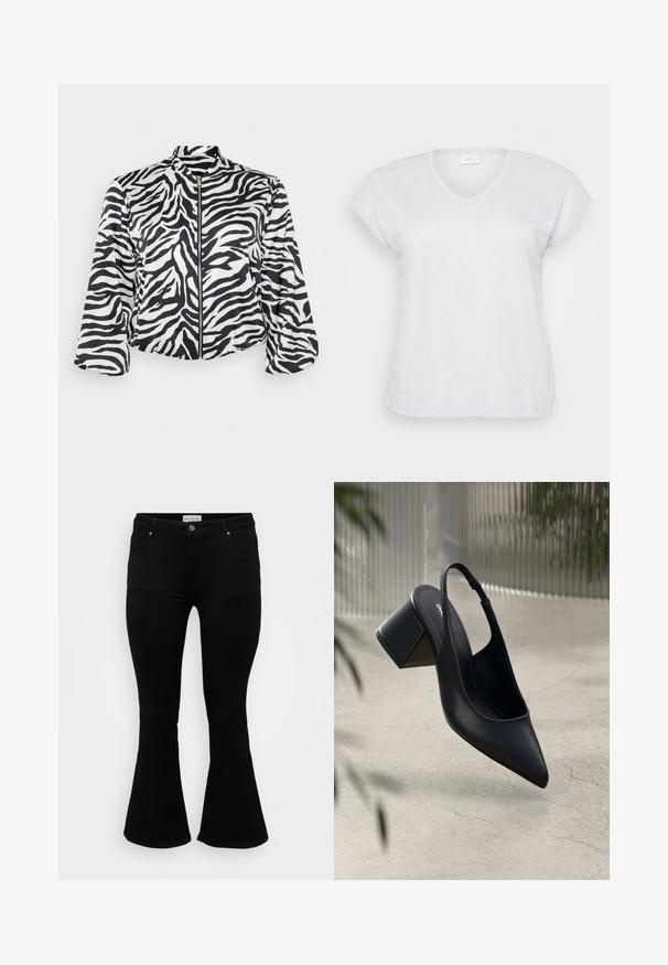 Zwart-wit cropped jack met zebra print, voorzien van een hoge kraag en een ritssluiting aan de voorkant. Gemaakt van lichtgewicht, soepel materiaal.; Witte korte mouwen V-hals T-shirt met een subtiele glanstextuur, met een ontspannen pasvorm en zonder zichtbare patronen of accenten.; Zwarte flare jeans van zachte denim, met een aansluitende taille, voorzakken en een flared zoom voor een ontspannen pasvorm.; Zwarte leren slingback hak met een spitse neus en een blokhak. Glad oppervlak, minimalistisch ontwerp en verstelbare enkelband.