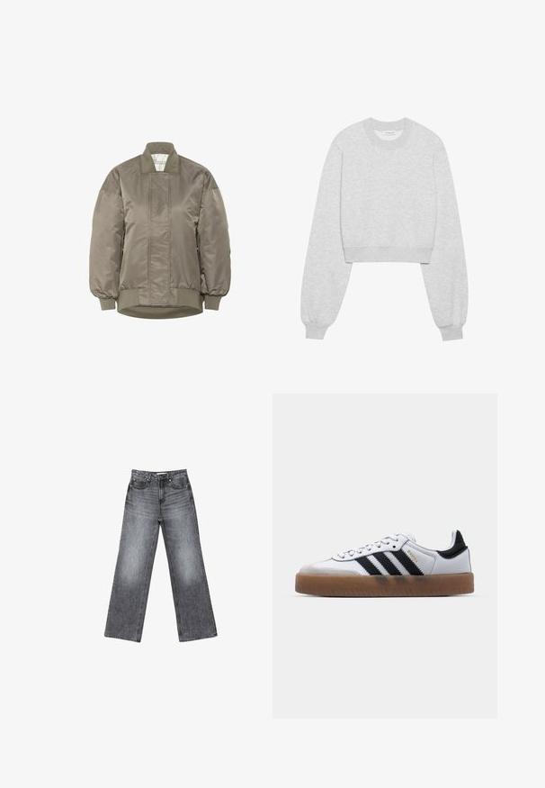 Oliven grøn bomberjakke i skinnende nylon med ribbet krave og manchetter, der har diamantquiltede mønstre på fronten.; Afskåret sweatshirt i lys grå stof, med lange ærmer, rund halsudskæring, ribbede ærmer og en subtil tekstur.; Bredde ben mørkegrå denimjeans med en falmet finish, fem lommer, en knaplukning og subtile sømdetaljer langs sømmene.; Hvide lædersneakers med sorte striber, gummirubber sål, rund tå, snørelukning og blød grå ruskinds tåhætte.