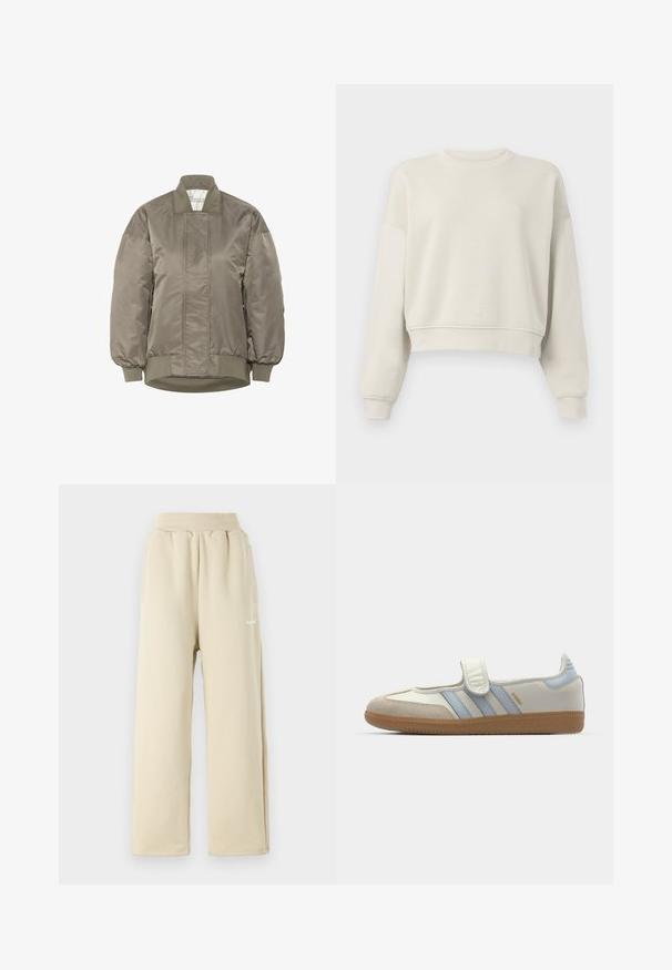 Oliven grøn bomberjakke i skinnende nylon med ribbet krave og manchetter, der har diamantquiltede mønstre på fronten.; Lys beige cropped sweatshirt med lange ærmer, ribbet krave og manchetter, blød stofstruktur, minimalistisk design, ingen synlige mønstre eller accenter.; Beige brede sweatpants lavet af blødt stof, med elastisk talje, sidelommer og lille broderet logo detaljer.; adidas Originals SAMBA JANE BALLERINA - Ballerinasko m/ rem - cloud white/halo blue
