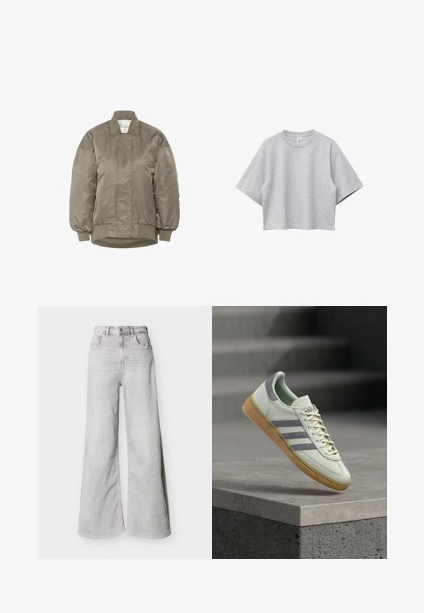 Oliven grøn bomberjakke i skinnende nylon med ribbet krave og manchetter, der har diamantquiltede mønstre på fronten.; Lysegrå, kortærmet, cropped t-shirt med rund hals og afslappet pasform, vist på en hvid baggrund.; Lysegrå jeans med vid ben lavet af denim, med høj talje, forlommer og knaplukning. Glat tekstur med et diskret falmet look.; Lysegrøn sneaker med grå accenter, der har tre grå striber, flade snørebånd og en struktureret gummesål. Glatte, syntetiske overmaterialer.