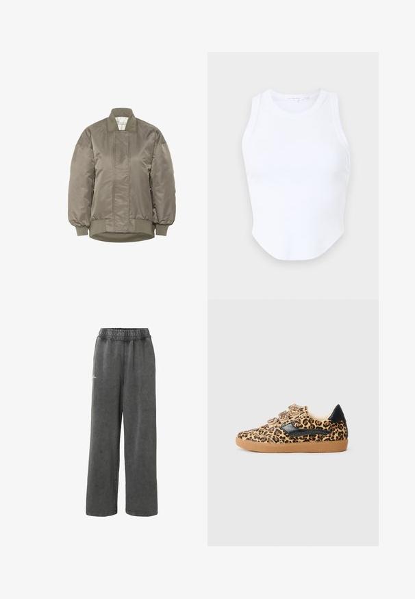 Oliven grøn bomberjakke i skinnende nylon med ribbet krave og manchetter, der har diamantquiltede mønstre på fronten.; Good American MICRO TANK - Top - white; Mørkegrå vidde bukser med elastisk talje og diskret logo på venstre lår, lavet af blødt tekstureret stof.; Sneakers med leopardprint og sorte detaljer, med en struktureret overdel, velcrostropper og en gummisål. Sideprofil.