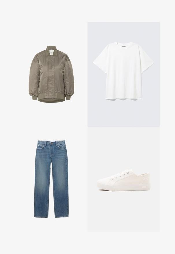 Oliven grøn bomberjakke i skinnende nylon med ribbet krave og manchetter, der har diamantquiltede mønstre på fronten.; Hvid T-shirt med korte ærmer og rund halsudskæring med en afslappet pasform og et "WEEKDAY" mærke på indersiden af nakken bagtil.; Lysblå denimjeans med lige snit, fem lommer og hardware i kobberfarve. Stoffet har en let falmning og en glat tekstur.; Hvid lavtop lærredsneaker med hvid gummisål og hvide snørebånd vist på en ensfarvet lys baggrund.