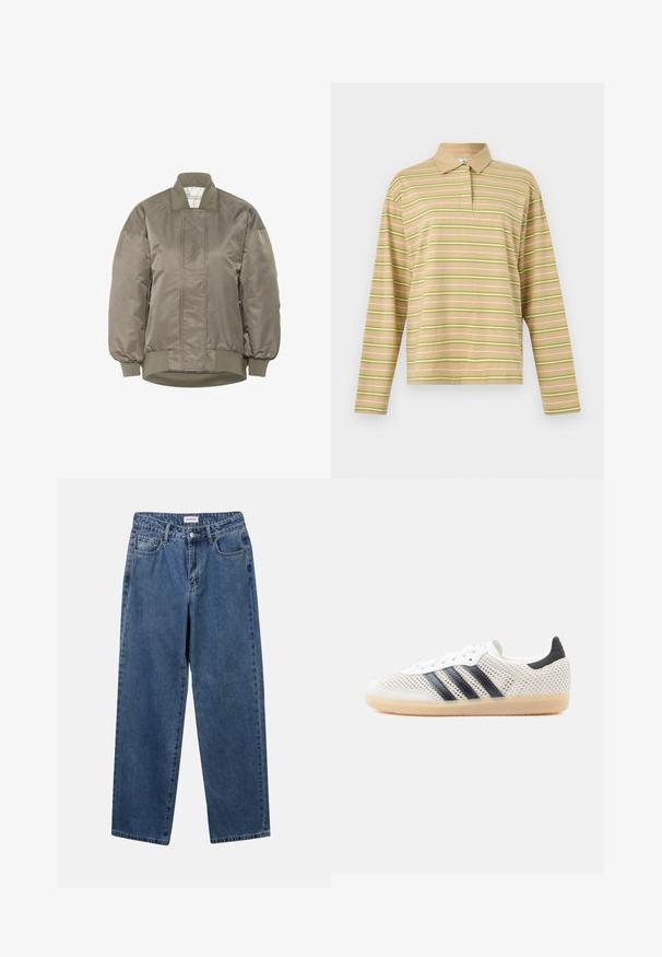 Oliven grøn bomberjakke i skinnende nylon med ribbet krave og manchetter, der har diamantquiltede mønstre på fronten.; Beige langærmet polo skjorte med lysegrønne og hvide horisontale striber og en ensfarvet beige krave.; Klassiske blå denimbukser med lige ben, fem lommer og knaplukning. Har en medium vask og en robust tekstur.; Hvide mesh-sneakers med sort tre-stribet design, rundet tå og gummisål. Har blød hælkant og snørelukning.