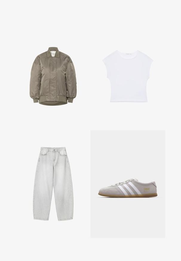 Oliven grøn bomberjakke i skinnende nylon med ribbet krave og manchetter, der har diamantquiltede mønstre på fronten.; Hvid kortærmet cropped T-shirt med rund halsudskæring, lavet af glat stof, lagt fladt på en hvid baggrund.; Lysegrå vide jeans lavet af denim, med frontlommer, en knaplukning i taljen og en let falmet finish.; Grå suedestøvle med hvide læderstriber og guldlogo-detalje. Flad gummisål, rund tå og klassisk snølukkedesign.