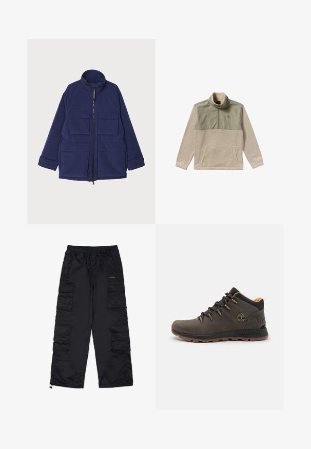 Tummansininen eristetty takki, jossa on korkea kaulus, edessä vetoketjukiinnitys ja useita ulkoisia taskuja, ja joka on sileätekoinen.; Fleece pulloveria vaaleanbeige ja oliivinvihreänä, jossa on puoli-vetoketju, korkea kaulus ja kaksi sivutaskua. Ylempi paneeli on sileä.; Mustat cargo-housut joustavalla vyötärönauhallla, useilla sivutaskuilla ja vetoketjullisilla lahkeilla. Valmistettu sileästä, kevyestä kankaasta.; Ruske nahkaste pohodniške čevlje s črnimi poudarki. Imajo okrogle vezalke, podložen rob in teksturiran gumijast podplat. Timberland logo na peti.